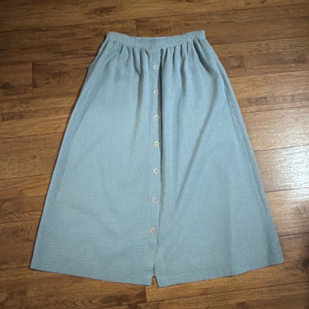 Teddi Womens Gingham Button Front Midi Skirt Blue White M Elastic Waist Vintage
